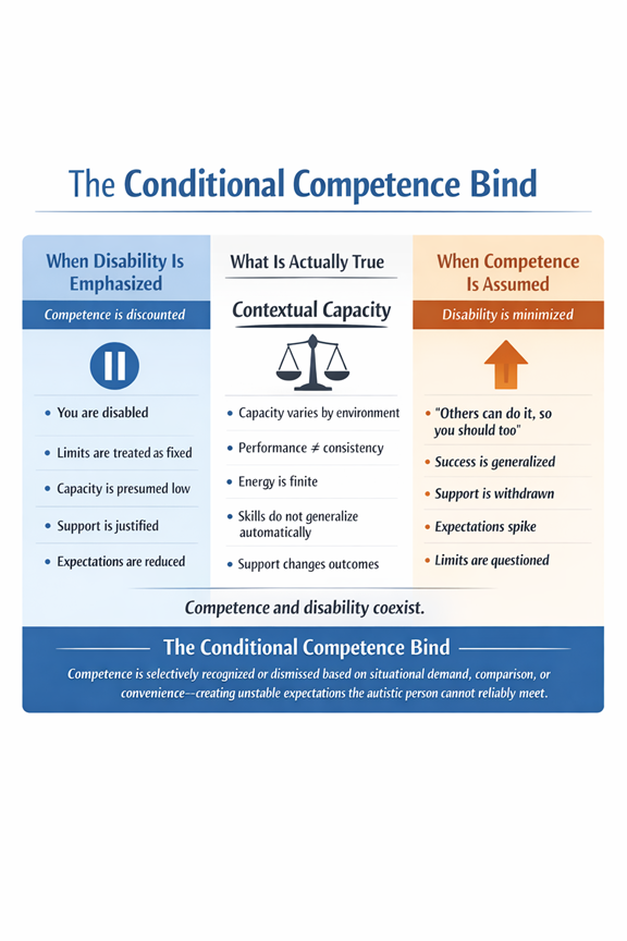 Diagram illustrating the Conditional Competence Bind. An autistic person’s actual functioning sits between two shifting interpretations: disability framing on one side and competence framing on the other, showing how inconsistent expectations are imposed externally.