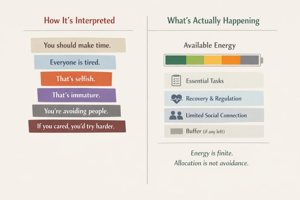 Two-panel diagram contrasting moral judgments about autistic time use with an energy allocation model. The left panel lists social judgments such as “you should make time” and “that’s selfish,” while the right panel shows limited available energy divided across essential tasks, regulation, social connection, and recovery.