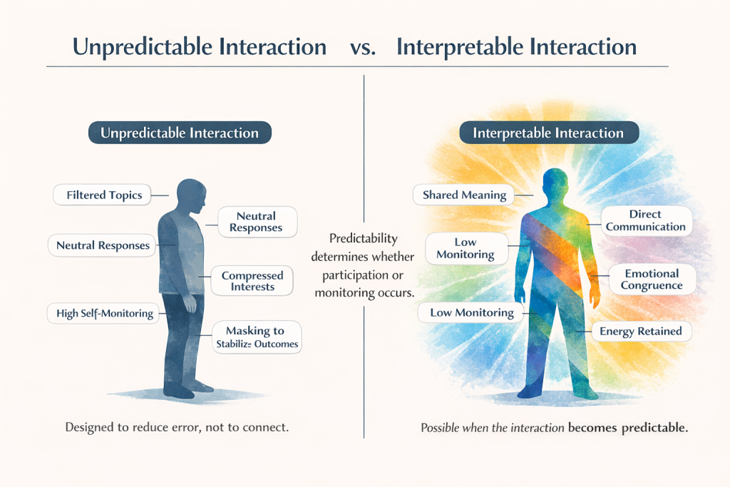 Split infographic comparing two interaction states for autistic people. Left side shows “unpredictable interaction” with high self-monitoring, filtered topics, neutral responses, and masking to stabilize outcomes. Right side shows “interpretable interaction” with direct communication, shared meaning, emotional congruence, and retained energy. Center note indicates predictability determines whether a person monitors or participates.