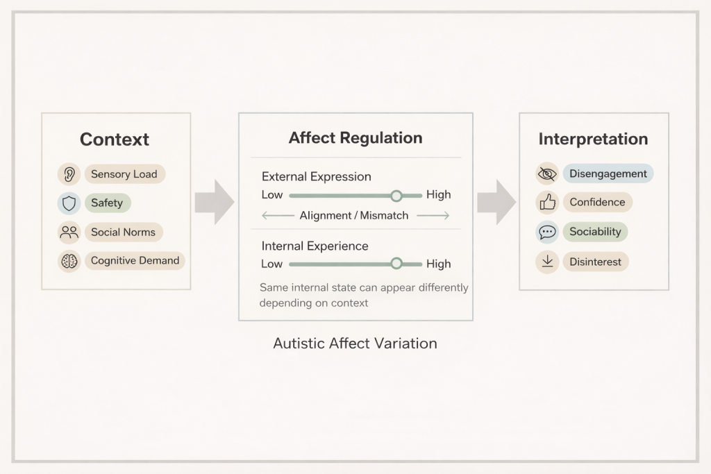 Flow diagram showing how autistic affect varies: context factors (sensory load, safety, social norms, cognitive demand) influence affect regulation, where external expression and internal experience may align or mismatch, leading to differing interpretations such as disengagement, confidence, sociability, or disinterest.
