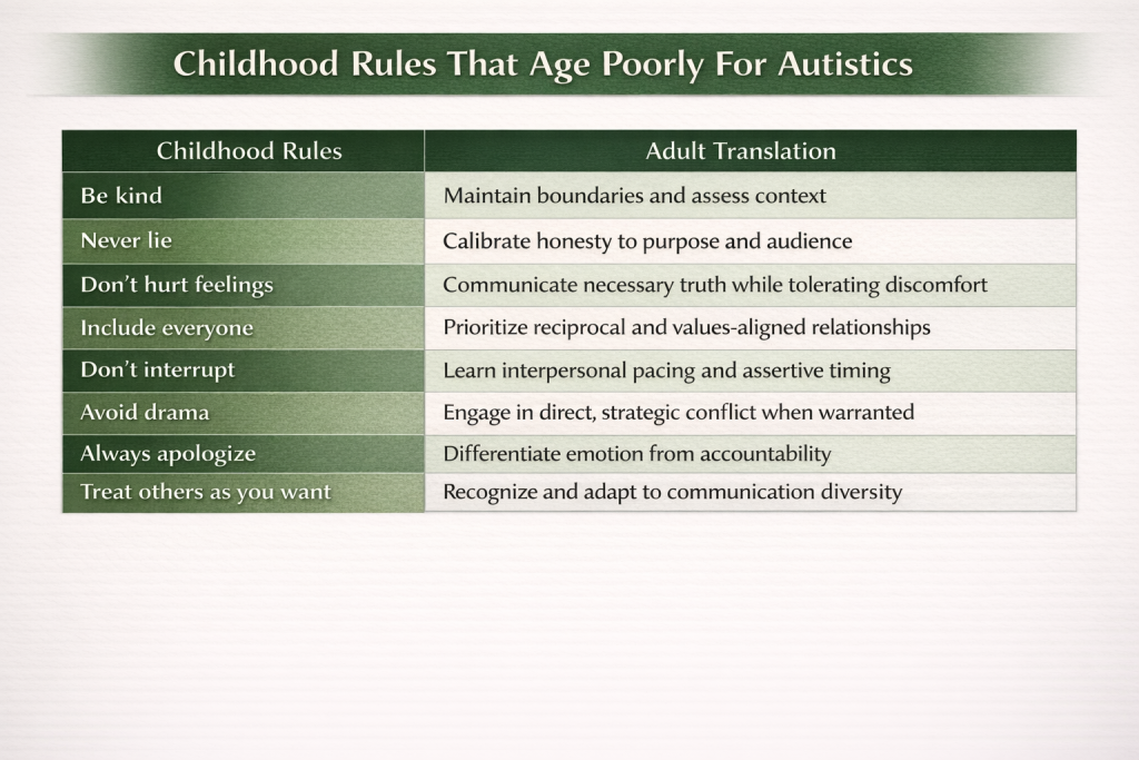 A clean, two-column table titled “Childhood Rules That Age Poorly for Autistics.” The left column lists common childhood social rules (e.g., “Be kind,” “Never lie,” “Don’t hurt feelings”), and the right column provides revised adult interpretations (e.g., “Maintain boundaries and assess context,” “Calibrate honesty to purpose and audience,” “Communicate necessary truth while tolerating discomfort”). The design is minimal, with a dark green header row and alternating light rows for readability, and no icons or decorative graphics.